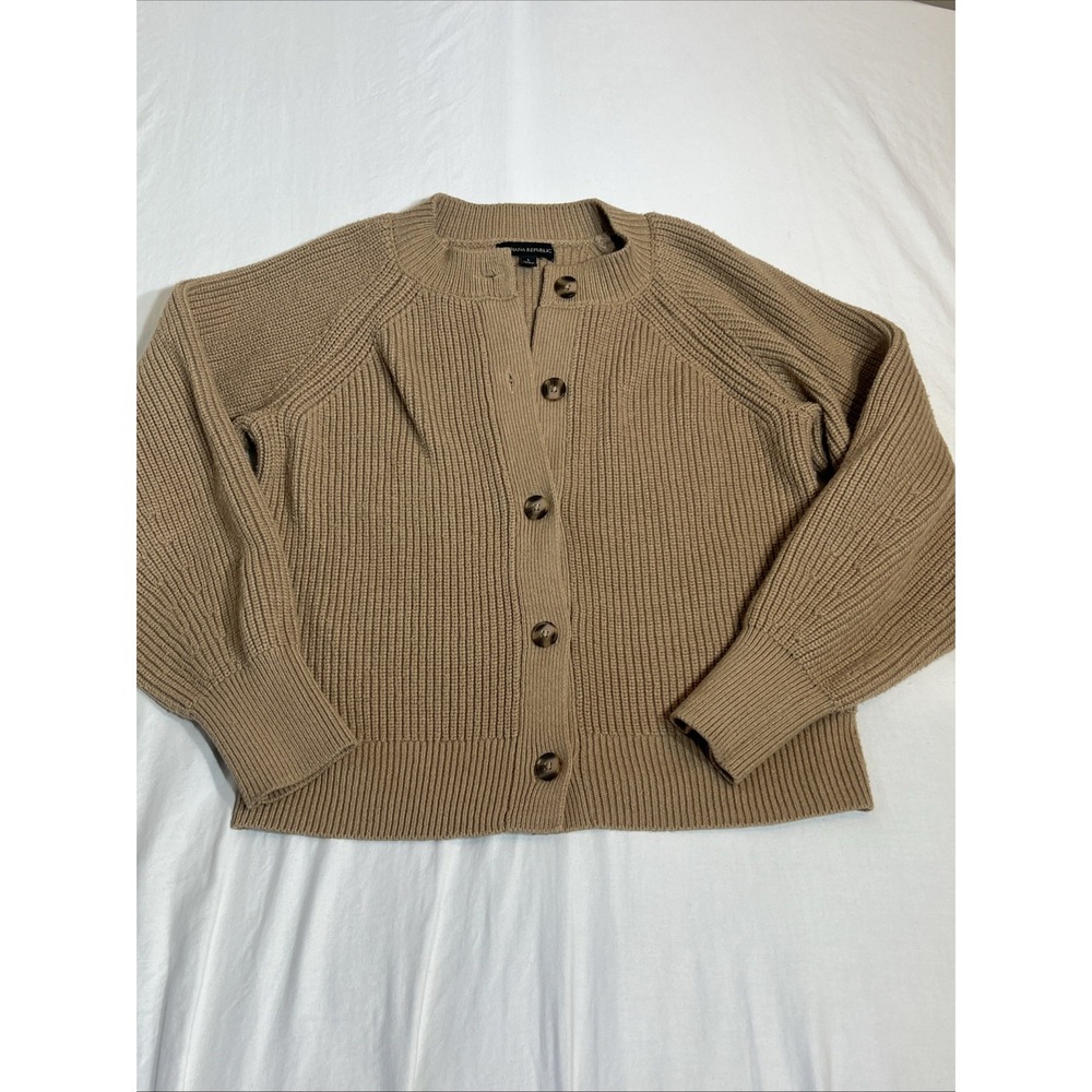 Banana Republic Shaker Rib Knit Cardigan Sweater Tan Camel Button Front Womens L